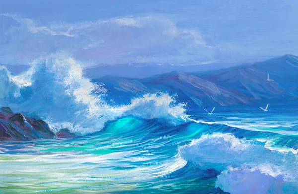 Morning Sea Wave Illustration Oil Painting Paints Canvas — Stock Photo, Image