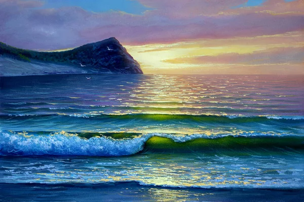 Original Oil Painting Sea Beach Canvas Rich Golden Sunset Sea — Stock Photo, Image