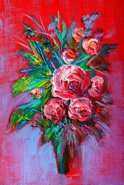 Kytice Růží Červeném Pozadí Impresionistický Styl — Stock fotografie