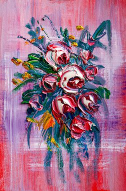 Yağlı boya bir buket gül boyuyor. İzlenimci tarzı.