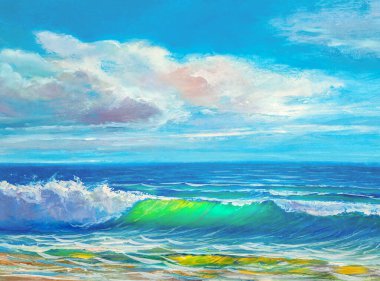 Denizde bir sabah, el sallama, resimleme, yağlı boya bir tuvalde boya..