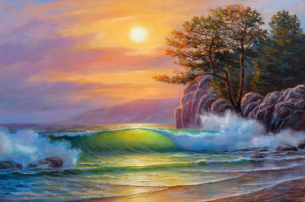 海の朝 岩の上に松の木 キャンバス上の油絵具 — ストック写真