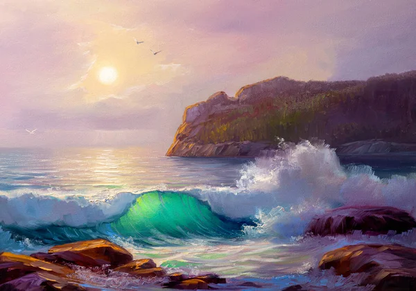 Morgon Havet Våg Illustration Oljemålning Färger Duk — Stockfoto