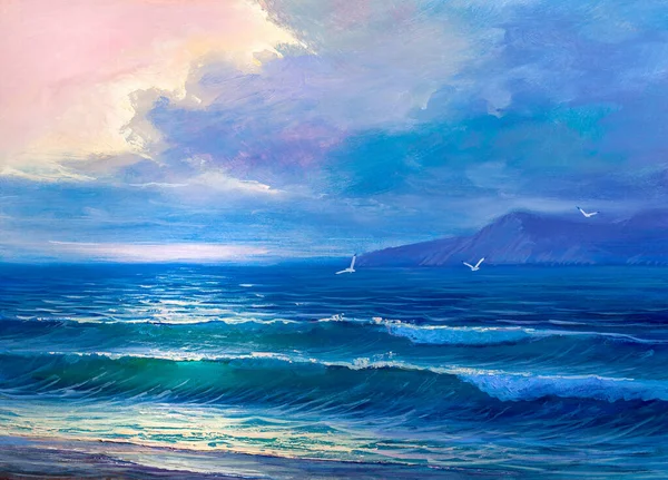 Morning on sea, wave, illustration, Oil painting paints on a canvas.