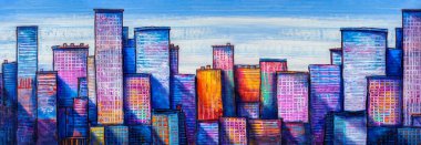 Gökdelenlerin sanatsal resimleri. Soyut stil. Şehir manzarası panoraması..