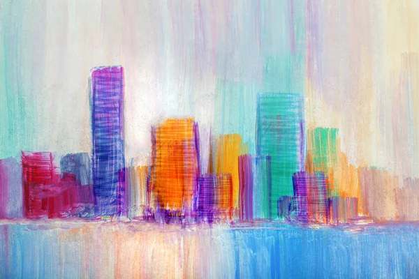 Kleurrijke Panorama Stad Abstracte Achtergrond Origineel Olieverf — Stockfoto