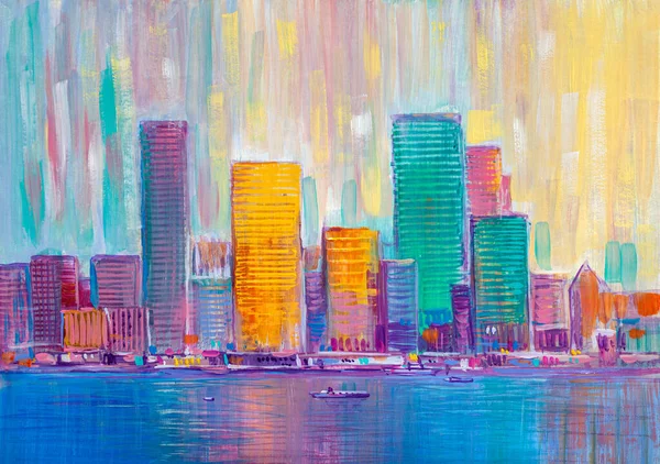 Pintura Artística Rascacielos Estilo Abstracto Paisaje Urbano Panorama — Foto de Stock