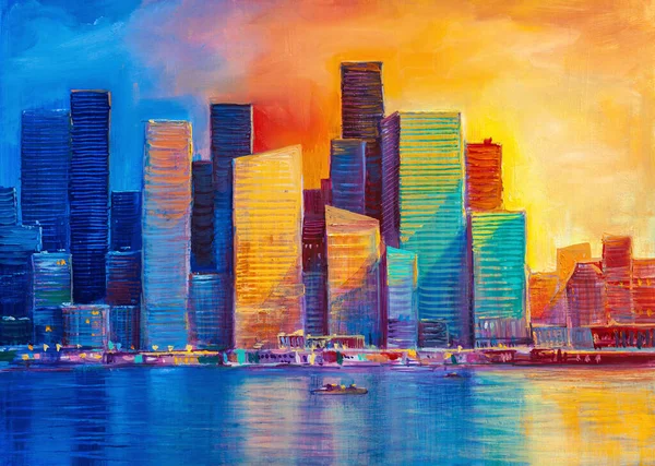 Pintura Óleo Abstrata Panorama Cidade Com Uma Ponte — Fotografia de Stock