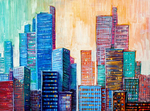 Καλλιτεχνική Ζωγραφική Των Skyscrapers Abstract Στυλ Cityscape Πανόραμα — Φωτογραφία Αρχείου