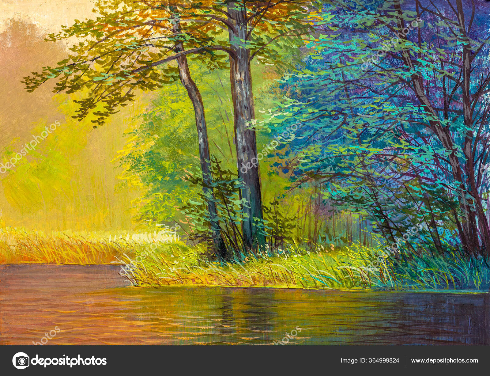 油絵の風景 カラフルな夏の森 美しい川 ストック写真 C Sbelov