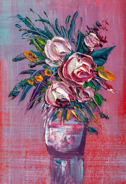 Bouquet Rose Fondo Rosso Stile Impressionista — Foto Stock