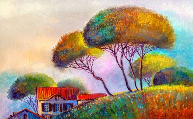 Güzel bir kır evi. Yaz sıcacık manzarası. Orijinal yağlı boya.