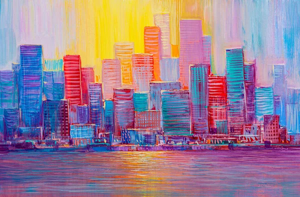 Wieżowce Miejskie Zachodzie Słońca Panorama Kolorowego Miasta Pobliżu Morza — Zdjęcie stockowe