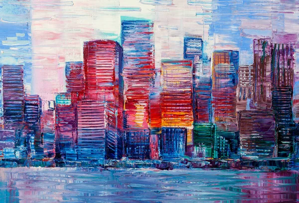 Oil Painting Cityscape Abstract Style Cityscape Night Panorama — 스톡 사진