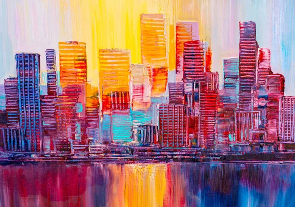 Künstlerische Malerei Von Wolkenkratzern Abstrakter Stil Stadtpanorama — Stockfoto