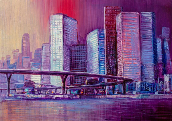 Pintura Óleo Abstracta Panorama Ciudad Con Puente — Foto de Stock