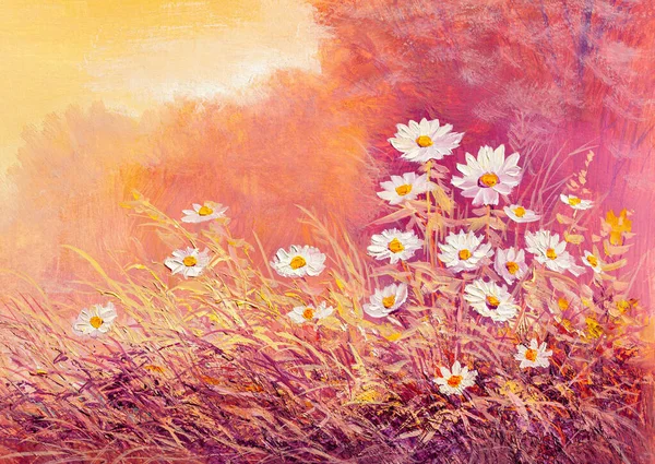 Original oil painting of white daisies , beautiful field flowers  in the forest. Modern Impressionism.