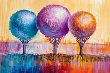 Yağlı boya peyzaj, renkli ağaçlar. El boyalı izlenimci, açık peyzaj.