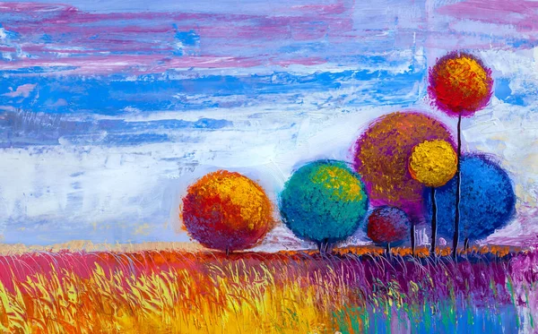 Paisagem Pintura Óleo Árvores Coloridas Impressionista Pintado Mão Paisagem Livre — Fotografia de Stock