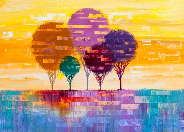Paisagem Pintura Óleo Árvores Coloridas Impressionista Pintado Mão Paisagem Livre — Fotografia de Stock