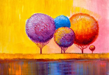 Yağlı boya manzarası, renkli yaz ormanı, güzel nehir. 