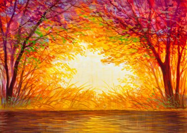 Yağlı boya manzarası, renkli yaz ormanı, güzel nehir. 