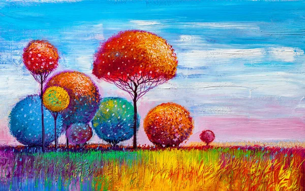 Pintura Óleo Paisaje Árboles Colores Pintado Mano Impresionista Paisaje Aire —  Fotos de Stock