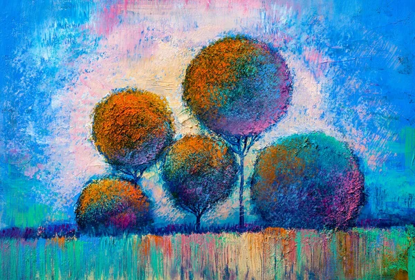 Yağlı boya peyzaj, renkli ağaçlar. El boyalı izlenimci, açık peyzaj.