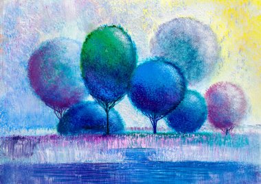 Yağlı boya manzarası, renkli yaz ormanı, güzel nehir. 