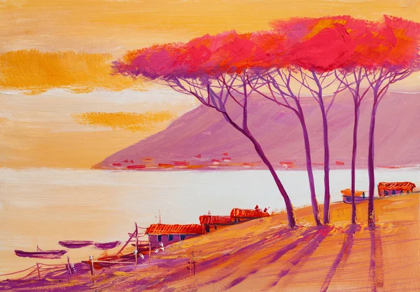 Pittura Olio Case Vicino Mare Alberi Colorati Paesaggio Marino Estivo — Foto Stock