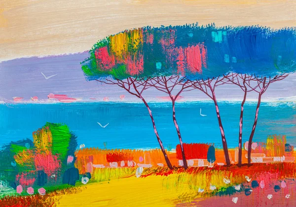 海の近くの家 カラフルな木 夏の海の風景 — ストック写真
