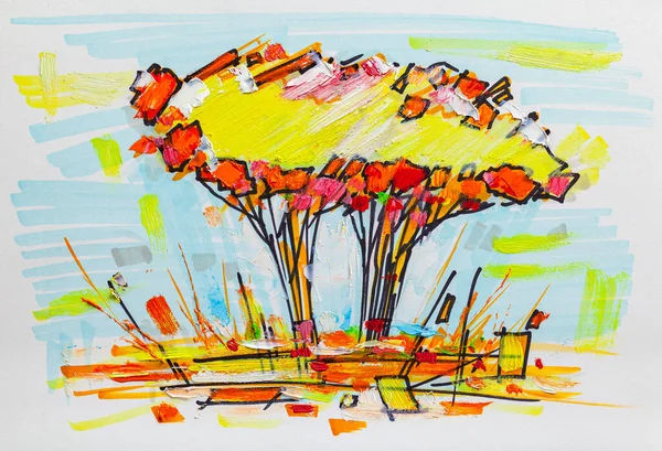 Olieverf Kleurrijke Bomen Abstract Beeld Van Bos Geschilderde Impressionist Buitenlandschap — Stockfoto