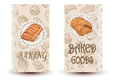 Vektör elle çizilmiş kroki ekmek posterler ayarlayın. Eko gıdalar. İllüstrasyon kroki. Pasta şekerleme ve ekmek dükkan için kroki tarzı tasarım öğeleri.