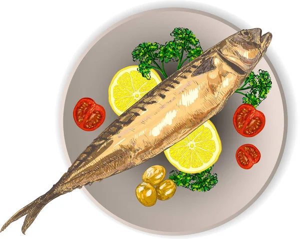 Ψάρια μαγειρεμένα και ωμά λαχανικά σε ένα πιάτο διάνυσμα — Διανυσματικό Αρχείο