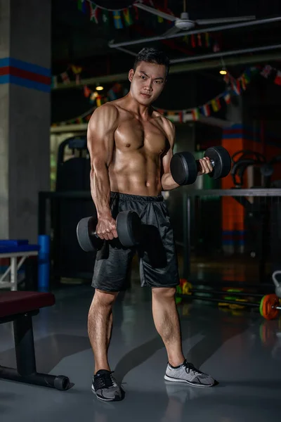 Genç Çince atletik eğitim salonunda dumbbell ile adam.