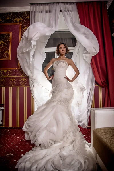 Muhteşem düğün elbise mükemmel teşkil şaşırtıcı iç kıvırcık saçlı güzel gelin. Moda vogue fotoğraf Studio top modeli ile çekim