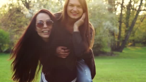 Two young long-haired girl resting on the nature. — Stock Video