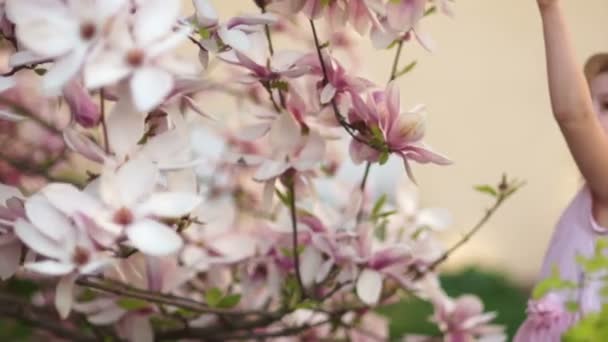 Portret van een klein meisje in een tuin van bloeiende Magnolia 's. — Stockvideo