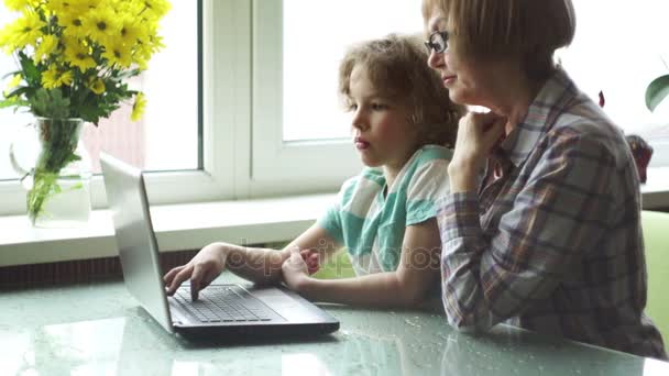 Bedstemor og barnebarn med interesse kig på den bærbare skærm . – Stock-video