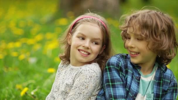 O rapaz e a rapariga estão sentados no prado dos dentes-de-leão. Amor jovem, menino e menina, calor de primavera, sentimentos ternos, clareira de dentes-de-leão, irmão e irmã, amizade de infância — Vídeo de Stock