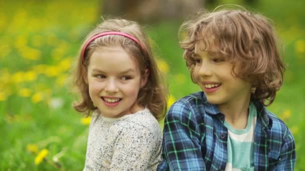 Broer en zus zitten in de weide van paardebloemen. Jeugdige liefde, jongen en meisje, voorjaar warmte, tedere gevoelens, glade van paardebloemen, jongen en meisje, kindertijd vriendschap — Stockvideo