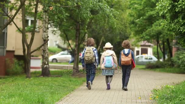 Девушка и два мальчика гуляют в парке, на улице. Сестра с братом возвращаются в школу — стоковое видео