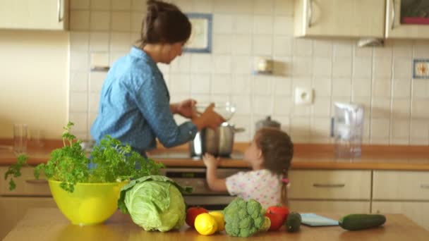 Malá dcera pomáhá její matka vařit v kuchyni. Máma vzala dívku v náručí a společně vaříme polévku. — Stock video