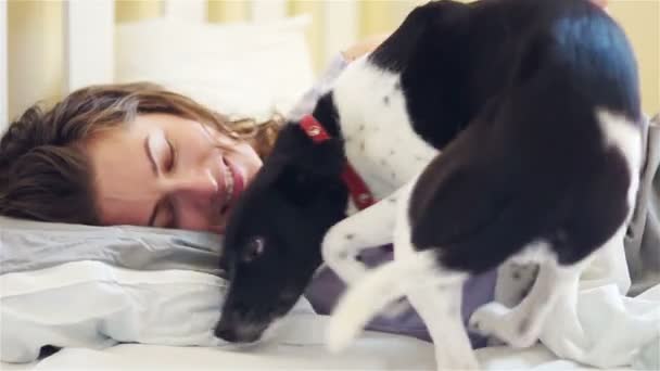 Спляча усміхнена жінка і її собака в ліжку. HD-відео — стокове відео