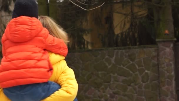 Happy mother and son on a walk. The boy is sitting on Moms shoulders, they laugh and laugh happily — Stock Video