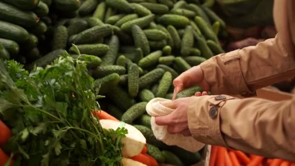 Menina escolhe pepinos no bazar, coloca-los em um saco reutilizável, embalagem ecológica, parar de plástico, dieta vegetariana, nutrição saudável — Vídeo de Stock