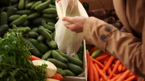 La mano de las mujeres toma un pepino fresco de la estantería de alimentos. Productos orgánicos. Verduras y frutas. Comida saludable. Compras en el supermercado — Vídeos de Stock