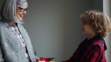 Torun sevgili büyükannesine Noel diliyor. Mutlu kadın ve kıvırcık torunu, yakın portre, mutlu noeller