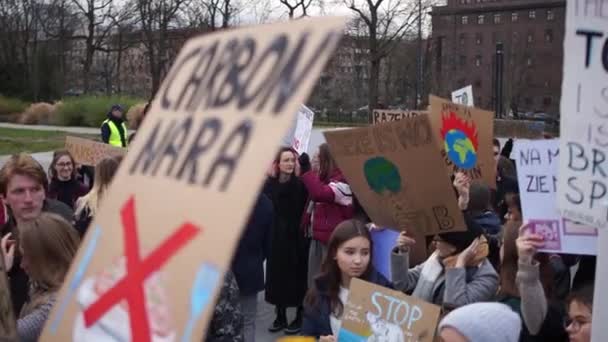 Wroclaw, polen-november 29, 2019. klimastreik der studenten. Jugendliche mit Plakaten in der Hand sind auf den Straßen der Stadt unterwegs. Plakate auf Englisch, ein Plakat auf Polnisch liest sich wie Kohle nur in Minecraft — Stockvideo