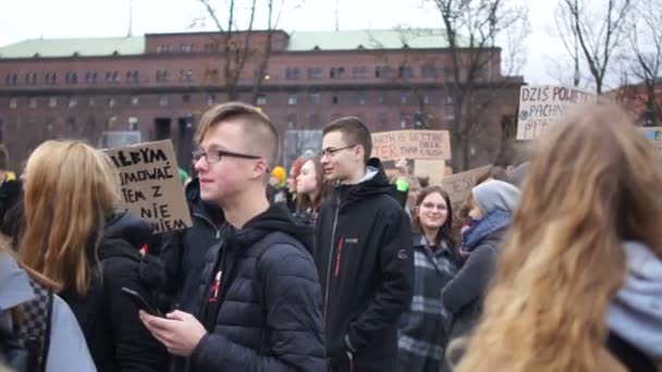 Wroclaw, Polen - 29 november 2019. Klimaatstaking. Posters in het Pools - Ik zou graag nerveus zijn vanwege de wiskundetoets, en niet uit de oceaan, dinosaurussen dachten ook dat ze tijd hadden — Stockvideo